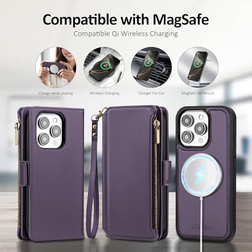 Antsturdy Compatible with MagSafe iPhone 14 Pro Wallet Case,Purple | Detachable Magnetic Credit Card Holder,RFID Blocking,PU Leather Zipper Purse,Wrist Strap Kickstand,Flip Phone Cover for Women - color: (Detachable with Magsafe)-Purple