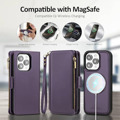 Antsturdy Compatible with MagSafe iPhone 14 Pro Wallet Case,Purple | Detachable Magnetic Credit Card Holder,RFID Blocking,PU Leather Zipper Purse,Wrist Strap Kickstand,Flip Phone Cover for Women - color: (Detachable with Magsafe)-Purple