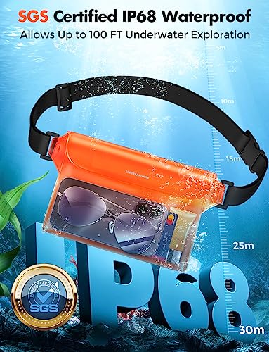 UNBREAKcable Waterproof Phone Pouch with Adjustable Waist Strap- 2 Pack [9.8'' Front window] [SGS IP68 Waterproof] [71'' Maximum Adjustable Waist Length] Waist Bag Screen Touchable Floating Dry Bag