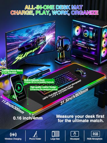 RGB Mouse Pad with Foldable Phone Stand & Wireless Charger, 31.5"x11.8" XL Gaming Mousepad Large Desk Mat, Desk Pad with Dual Charging for Phone & AirPods | 11 Colors & 5 Modes | Waterproof - color: Black Touch Control Stand XL