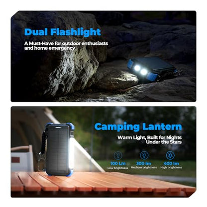 BLAVOR Solar Power Bank 20000mAh, Wireless Charger for Phones & Apple Watch - color: Blue