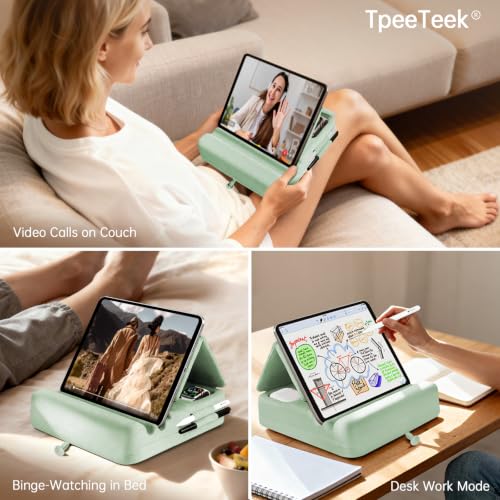 Tablet Pillow Stand with Storage, Foldable iPad Holder for Lep, Bed, Sofa, and Desk - Soft Pad Dock with Pocket and Stylus Mount Compatible with 4-13" iPad Pro/Air/Mini, Galaxy Tab, Kindle - color: Green