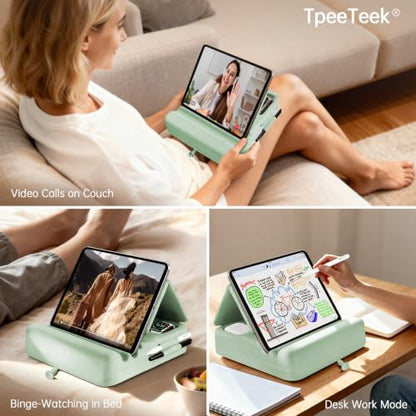 Tablet Pillow Stand with Storage, Foldable iPad Holder for Lep, Bed, Sofa, and Desk - Soft Pad Dock with Pocket and Stylus Mount Compatible with 4-13" iPad Pro/Air/Mini, Galaxy Tab, Kindle - color: Green