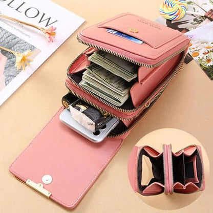Women's Touch Screen Mobile Phone Messenger Bag, Waterproof Leather Touch Screen Crossbody Phone Purse - color: Brown