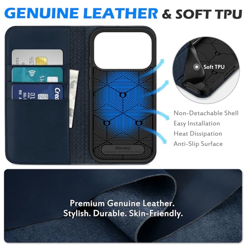 SHIELDON Genuine Leather Flip Wallet Case for iPhone 17 Pro 6.3", Navy Blue | Magnetic Closure, RFID Blocking, Credit Card Holder, Viewing Stand, Foldable Design, Shockproof Protective Cover - color: Navy Blue
