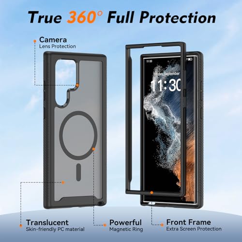 for Samsung Galaxy S22 Ultra Case Magnetic, Compatible with Magsafe 6.8-Inch Slim Fit 360 Heavy Duty Protector Wireless Charging Shockproof Anti-Slip TPU and PC Protective Phone Cover, Black - color: Black