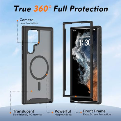 for Samsung Galaxy S22 Ultra Case Magnetic, Compatible with Magsafe 6.8-Inch Slim Fit 360 Heavy Duty Protector Wireless Charging Shockproof Anti-Slip TPU and PC Protective Phone Cover, Black - color: Black