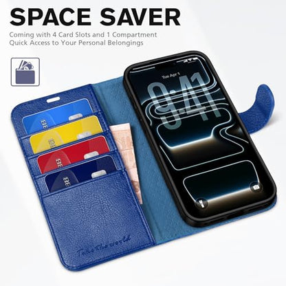 TUCCH Wallet Case for iPhone 17 Pro (6.3") 2025, Flip Stand, Klein Blue | RFID Blocking, 4 Card Holders, Kickstand, PU Leather, Shockproof TPU Shell, Magnetic Closure, Protective Folio Cover - color: Textured Klein Blue