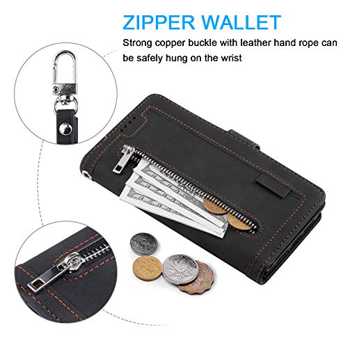 EYZUTAK Wallet Phone Case for Samsung Galaxy A13 5G/4G/A04S, Retro Matte 9 Card Holder Slots Zipper Pocket Case PU Leather Magnetic Closure Kickstand Wrist Strap Shockproof Folio Flip Cover- Black - color: Black, size: Samsung Galaxy A13/A04S
