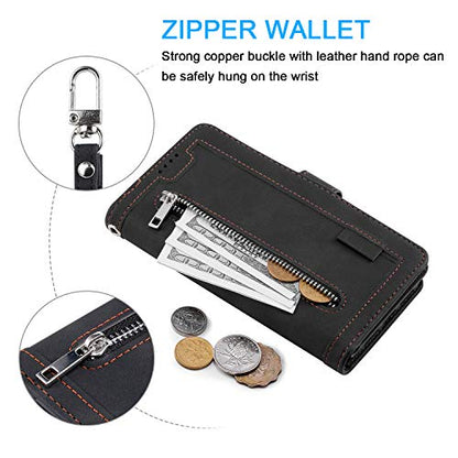 EYZUTAK Wallet Phone Case for Samsung Galaxy A13 5G/4G/A04S, Retro Matte 9 Card Holder Slots Zipper Pocket Case PU Leather Magnetic Closure Kickstand Wrist Strap Shockproof Folio Flip Cover- Black - color: Black, size: Samsung Galaxy A13/A04S