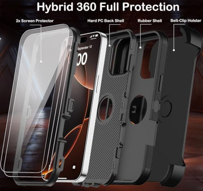 for iPhone 16 Pro Case with Belt Clip Holster,2X Screen Protectors,Heavy Duty Shockproof Drop Protection Military Grade 3 Layers Full Covered Rugged Durable Phone Cover with Kickstand 6.3“ (Black) - color: Black w Clip