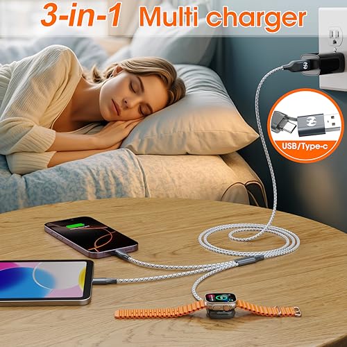 Apple Watch Charger 3 in 1 Multi Charging Cable 4FT Apple MFi Magnetic - color: Grey/Silver, size: 4ft