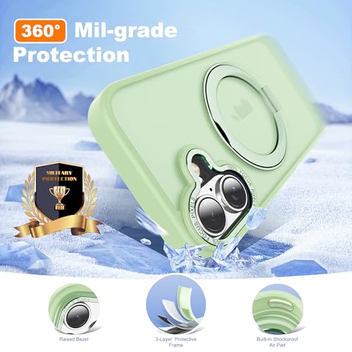 for iPhone 16 Case with 360° Spin Magnetic Stand,Green | iPhone 16 Phone Case 6.1",Spin Magnetic Ring Stand,Compatible with MagSafe,Military Protection,Translucent Matte - color: Green, size: iPhone 16