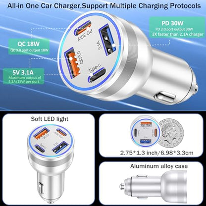 USB C Car Charger, 65W 4-Port Cigarette Lighter Adapter Car Phone Charger - color: Silver, size: 1 Pack