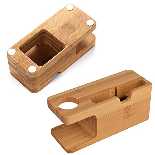 Bamboo Wood Desktop Charging Dock Station Charger Holder Cradle Charge Stand Compatible with iPhone 16 15 14 13 12 11 Pro Max XR XS Max X 8 Plus iWatch 2 3 4 Samsung LG HTC Smartphones - color: 2 in 1 Charger Stand