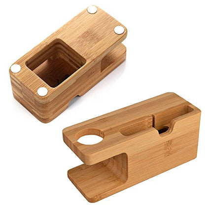 Bamboo Wood Desktop Charging Dock Station Charger Holder Cradle Charge Stand Compatible with iPhone 16 15 14 13 12 11 Pro Max XR XS Max X 8 Plus iWatch 2 3 4 Samsung LG HTC Smartphones - color: 2 in 1 Charger Stand
