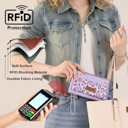 Montana West X Wrangler Wallets for Women Ladies Female Large Card Cases & Money Organizers Double Zipper Wristlet Western Cash Wallet with Rfid Lining with Wrist Strap - color: Purple