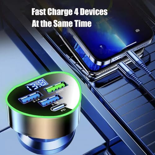 4 in 1 Multi Port USB C Car Phone Charger Adapter with Voltage Display, QC4.0/PPS/AFC Super Fast Cigarette Lighter USB Charge with Volt Meter for iPhone Galaxy Android Phones