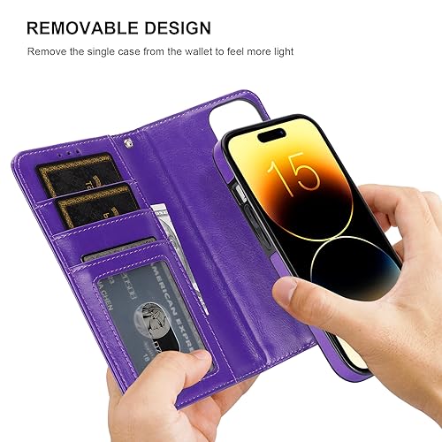 Bocasal Detachable Wallet Case Card Holder for iPhone 15, Purple | RFID Blocking Kickstand Card Slots Holder PU Leather Magnetic Shockproof Wrist Strap Removable Flip Protective Cover 6.1 inch - color: Purple