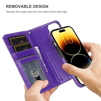 Bocasal Detachable Wallet Case Card Holder for iPhone 15, Purple | RFID Blocking Kickstand Card Slots Holder PU Leather Magnetic Shockproof Wrist Strap Removable Flip Protective Cover 6.1 inch - color: Purple