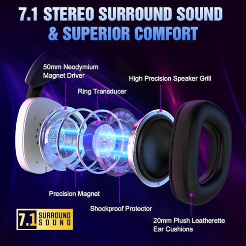 BENGOO 60H Wireless Gaming Headset with RGB Lights for PS5 PS4 PC - color: White