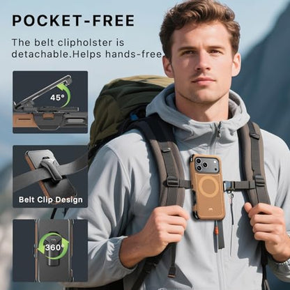 M MYBAT PRO for iPhone 17 Pro Case with Belt Clip Holster,[Compatible with Magsafe] w/Screen Protector,Anti-Drop,Shockproof,w 360°Rotating Kickstand,Heavy Duty Protection (Brown) - color: Brown