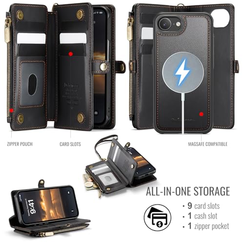 Defencase for iPhone 17e/16e Case Wallet Compatible with Magsafe, Black | Drop-Proof Magnetic Detachable Phone Cases Cover, with RFID Bolcking Card Holder, Zipper Strap, PU Leather, Removable Wallet - color: (Detachable with Magsafe)-Black