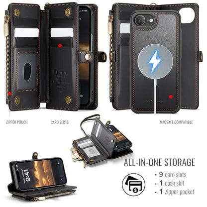 Defencase for iPhone 17e/16e Case Wallet Compatible with Magsafe, Black | Drop-Proof Magnetic Detachable Phone Cases Cover, with RFID Bolcking Card Holder, Zipper Strap, PU Leather, Removable Wallet - color: (Detachable with Magsafe)-Black