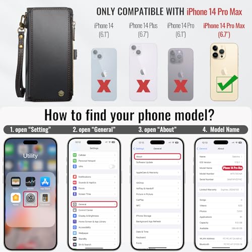 Defencase for iPhone 14 Pro Max Wallet Case with RFID Card Holder, Black | Durable Soft PU Leather, with Zipper Pocket, Wrist Strap, Fashion Snap Flip Phone Cases Cover with Stand for Women and Men - color: Black