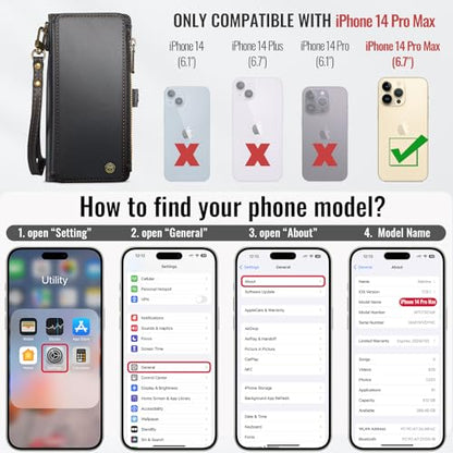 Defencase for iPhone 14 Pro Max Wallet Case with RFID Card Holder, Black | Durable Soft PU Leather, with Zipper Pocket, Wrist Strap, Fashion Snap Flip Phone Cases Cover with Stand for Women and Men - color: Black