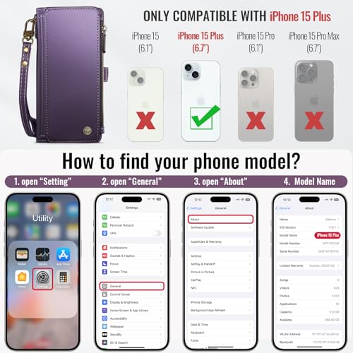 Defencase for iPhone 15 Plus Wallet Case with RFID Card Holder, Purple | Durable Soft PU Leather, with Zipper Pocket, Wrist Strap, Fashion Snap Flip Phone Cases Cover with Stand for Women and Men - color: Purple