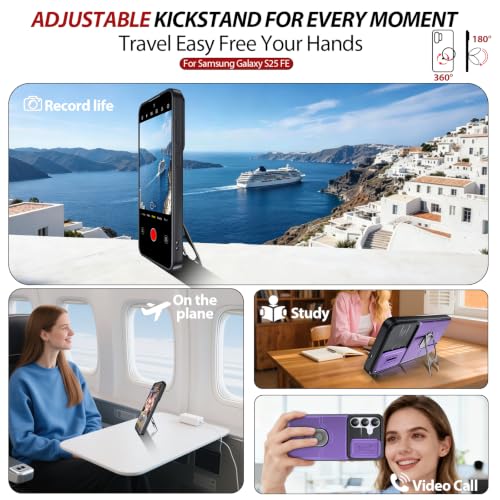 Dizn for Samsung Galaxy S25 FE Case:with Camera Lens Cover,[2 Pcs] Tempered Glass Screen Protector,Strap & 360°Ring Stand,Military-Grade Shockproof Protective 6.5-Inch Samsung S 25 FE,Purple - color: Purple
