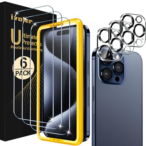 ivoler 3 Pieces Tempered Glass Screen Protector for iPhone 15 Pro 6.1 Inch with 3 Pieces Rear Camera Protector, Easy Installation Tool, 9H Hardness, Anti-Scratch, Bubble-Free - size: iPhone 15 Pro 6.1 Pouces