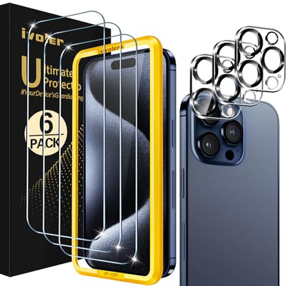 ivoler 3 Pieces Tempered Glass Screen Protector for iPhone 15 Pro 6.1 Inch with 3 Pieces Rear Camera Protector, Easy Installation Tool, 9H Hardness, Anti-Scratch, Bubble-Free - size: iPhone 15 Pro 6.1 Pouces