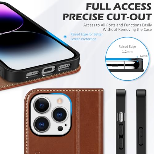 SHIELDON Genuine Leather Case Wallet for iPhone 14 Pro 6.1", Retro Brown | Folio Magnetic Closure, RFID Blocking, Credit Card Holder, Kickstand, Shock Absorbing Protective Cover - color: Brown - Retro