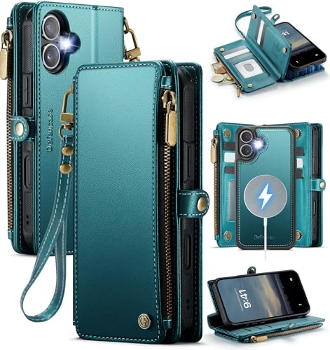 Defencase for iPhone 17 Phone Case Wallet Compatible with Magsafe, Green | Magnetic Detachable, Drop-Proof Protective Wallet Cases Cover, with RFID Bolcking Card Holder, Zipper Strap, Soft PU Leather - color: (Detachable with Magsafe)-Blue Green