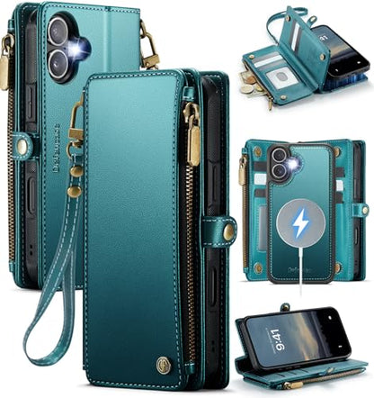 Defencase for iPhone 17 Phone Case Wallet Compatible with Magsafe, Green | Magnetic Detachable, Drop-Proof Protective Wallet Cases Cover, with RFID Bolcking Card Holder, Zipper Strap, Soft PU Leather - color: (Detachable with Magsafe)-Blue Green