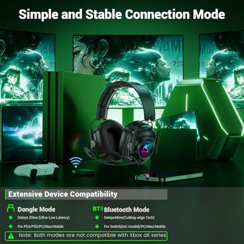 Krysenix Wireless Gaming Headset for PC, PS5, PS4, Switch, Mac - Black - color: Black