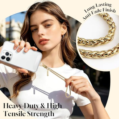 Metal Phone Chain Set,Crossbody Phone Lanyard and Wristlet Strap - color: Gold, size: Extend