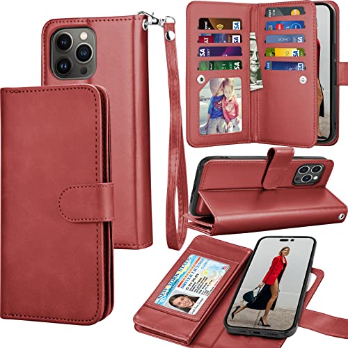 Tekcoo Wallet Case Compatible with iPhone 14 (6.1 inch) 2022 Luxury ID Cash Credit Card Slots Holder Carrying Pouch Folio Flip PU Leather Cover [Detachable Magnetic Hard Case] with Strap [Wine Red] - color: W-Wine Red, size: IP 14 (6.1")
