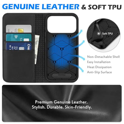 SHIELDON Genuine Leather Wallet Case for iPhone 17 Pro Max 6.9" 2025, Black | Flip Magnetic Cover, Kickstand, RFID Blocking, 3 Credit Card Holder, Book Design, Shockproof, Soft Inner Phone Case - color: Black