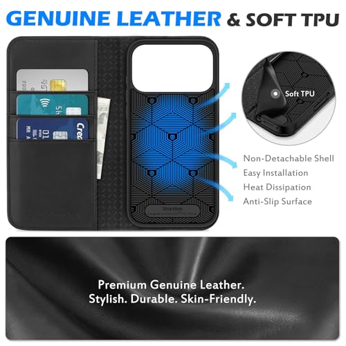 SHIELDON Genuine Leather Wallet Case for iPhone 17 Pro Max 6.9" 2025, Black | Flip Magnetic Cover, Kickstand, RFID Blocking, 3 Credit Card Holder, Book Design, Shockproof, Soft Inner Phone Case - color: Black