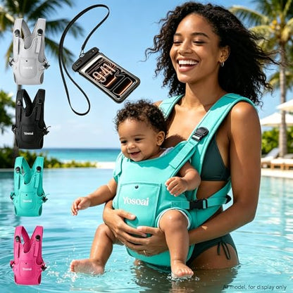 Yosoai Premium Neoprene Water Baby Carrier, Safer Wider 50mm Strap & 60mm Slide Lock Buckle, Ergonomic X+H Back Support, Quick Dry Land & Water Baby Carrier with Waterproof Phone Pouch - color: Lake Blue