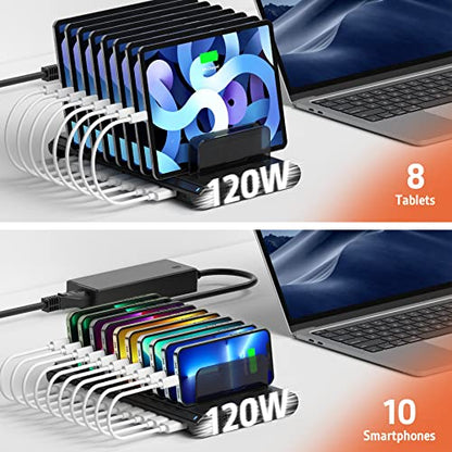 Alxum Multi USB Charging Station,Fast 120W 10 Port iPad Tablet Charger Dock - size: 120W (10 Ports)