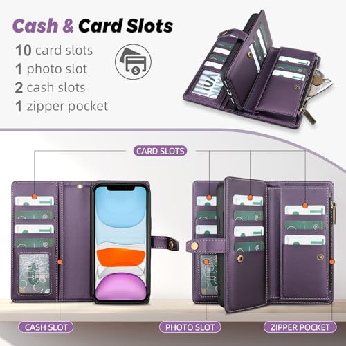 TwoHead for iPhone 11 Wallet case with 11 Card Holder (Deep Purple) | Detachable Magnetic Phone Case, PU Leather Wallet for Women/Men,Wireless Charging Compatible,with Wrist Strap - color: Deep Purple