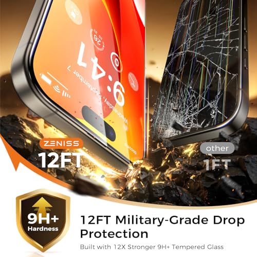 Zeniss NeverBreak 9H+ Hardness for iPhone 15 Pro Screen Protector 12FT Military Grade Protection (Scratch, Shatter, Drop Resistance) 15 Pro Tempered Glass Full Edge Coverage Case Friendly 6.1" 2 Pack - size: 1-iPhone 15 Pro