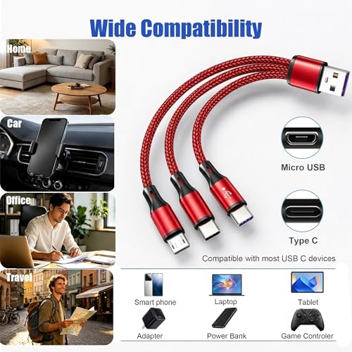 Multi Charging Cable, 3 in 1 USB Charging Cable for Multiple Devices, Red Braided Short 0.65FT USB A to 2 USB C + 1 Micro USB Splitter, 5A Fast Charge Compatible with Phone Tablets and More
