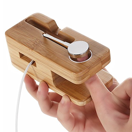 Bamboo Wood Desktop Charging Dock Station Charger Holder Cradle Charge Stand Compatible with iPhone 16 15 14 13 12 11 Pro Max XR XS Max X 8 Plus iWatch 2 3 4 Samsung LG HTC Smartphones - color: 2 in 1 Charger Stand