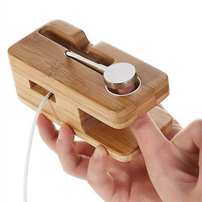 Bamboo Wood Desktop Charging Dock Station Charger Holder Cradle Charge Stand Compatible with iPhone 16 15 14 13 12 11 Pro Max XR XS Max X 8 Plus iWatch 2 3 4 Samsung LG HTC Smartphones - color: 2 in 1 Charger Stand
