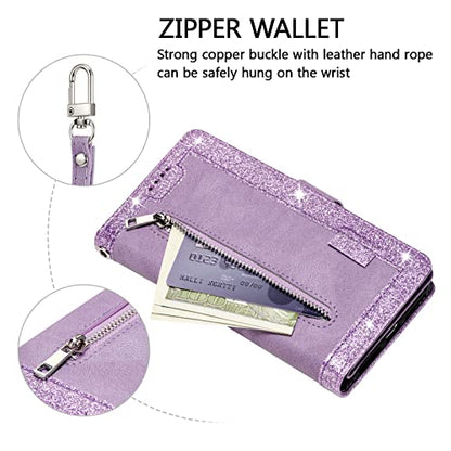 EYZUTAK Wallet Phone Case for Samsung Galaxy A15 4G/5G, Retro Matte 9 Card Holder Slots Zipper Pocket Handbag Case PU Leather Magnetic Closure Kickstand with Wrist Strap Flip Folio Purse Case - Purple - color: Purple, size: Samsung Galaxy A15 4G/5G